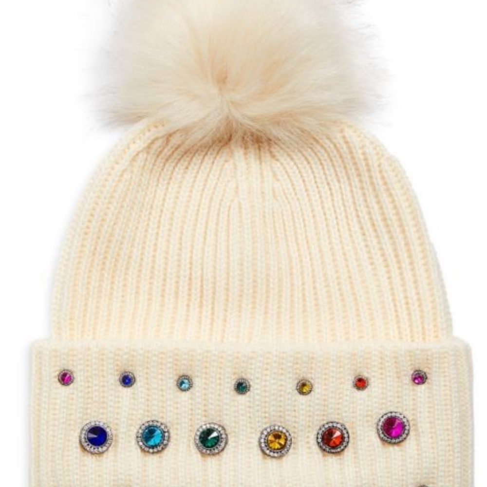 Kurt Geiger Cream Beanie with Colorful Gem Accents